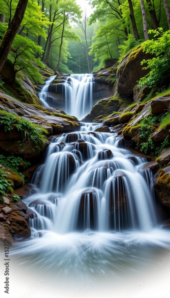 Fototapeta premium the image is a representation of the tranquil waterfall cascading through a forest setting and does not depict any specific location or brand