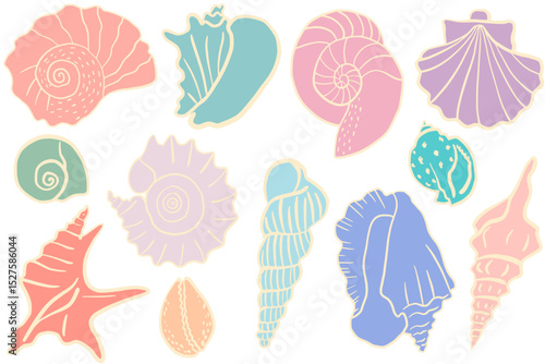 Set of colorful ink seashell illustrations. Cute hand drawn marine collection in soft pastel colors. Includes various seashells in playful shapes and delicate tones. Perfect for summer design