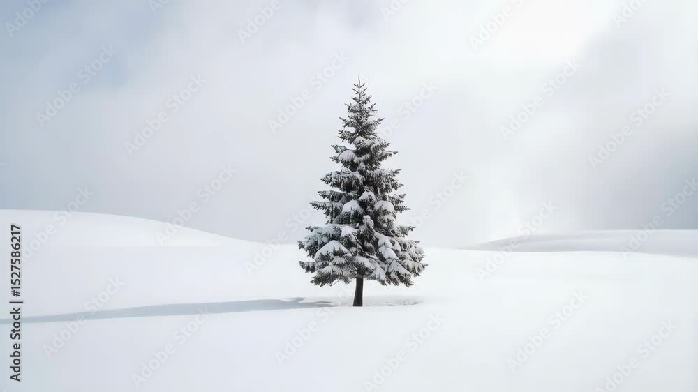 Solitary snow covered fir tree standing in a vast white winter landscape against an overcast sky in an empty, minimalist scene. Solitary snow covered fir tree standing in a vast white winter landscape against an overcast sky in an empty, minimalist scene.