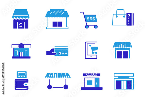 Chain store or shop solid icon set. Shopping cart, Franchise, brand, consumer, trade mark, market, retail,   catering market, distribution, credit card symbols collection. Editable vector illustration