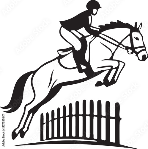 Silhouette vector of a horse and rider jumping over a fence. Ideal for equestrian, competition, or sports-themed designs.