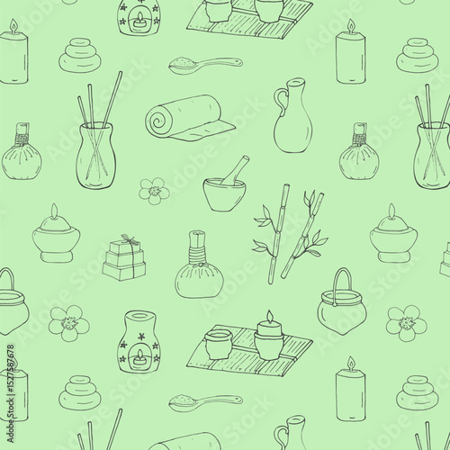 Ayurvedic doodles seamless pattern.  traditional Hindu treatment.  Indian massage, body care, health care, ayurvedic item set. Drawn herbal bags, aromatic oil, candle, aroma sticks, bamboo, and soaps.