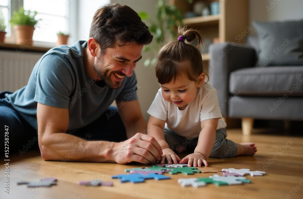 Obraz premium Heartwarming moment of a father and his adorable toddler joyfully working on a colorful jigsaw puzzle together on a wooden floor. The father, with a big smile on his face, is helping his child, who is