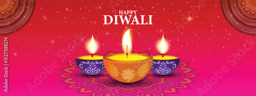 Happy Diwali flyer with Diya and mandala background, can be used in festival invitation, promotion, marketing, greetings, Indian festival of light Diwali poster for your design, easily editable vector