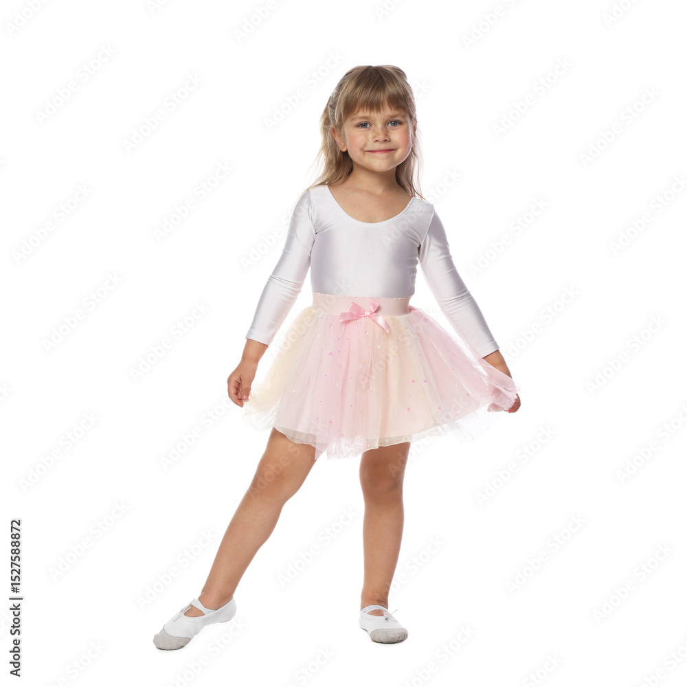 Cute little dancer in tutu skirt on white background Cute little dancer in tutu skirt on white background