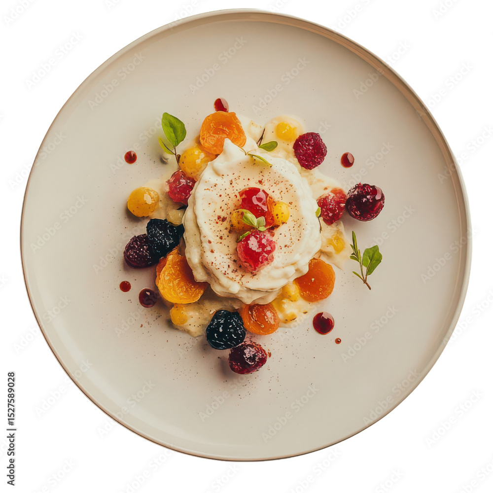 White dessert with raspberry, yellow cherry and creamy base on plate White dessert with raspberry, yellow cherry and creamy base on plate
