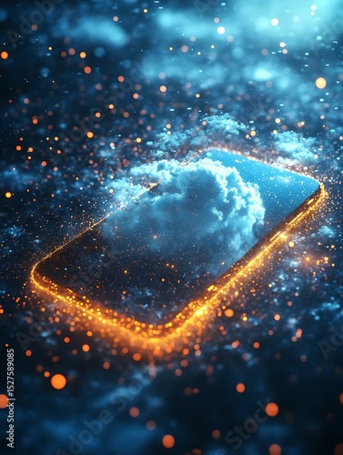 Mobile phone surrounded by glowing data particles syncing instantly with cloud server Fiber Optic and 5G/6G Infrastructure Visualization Smart Home and Personal Devices with Instant Connectivity
