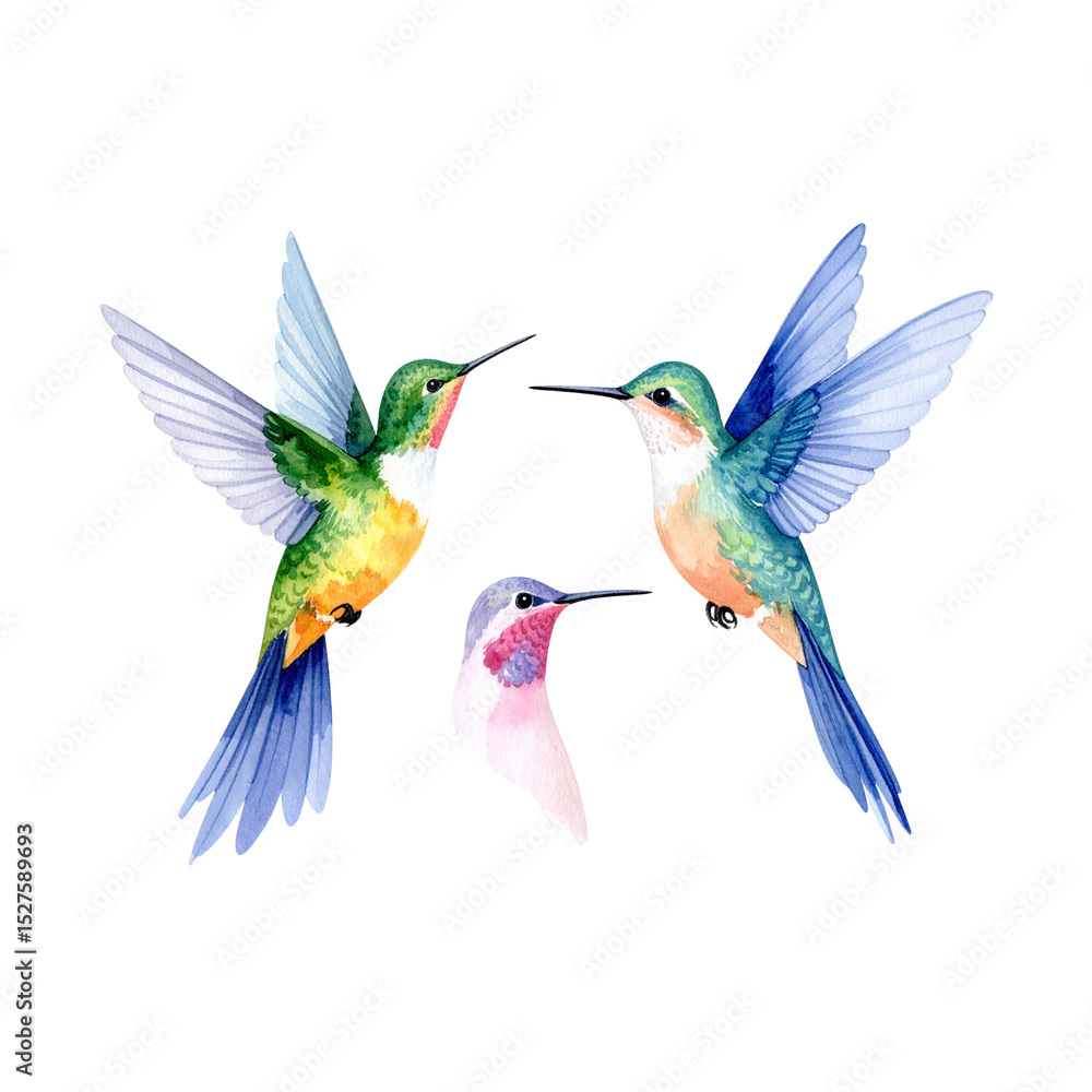 A colorful hummingbird in flight with outstretched wings near a tropical flower, perfect for nature and wildlife illustrations A colorful hummingbird in flight with outstretched wings near a tropical flower, perfect for nature and wildlife illustrations