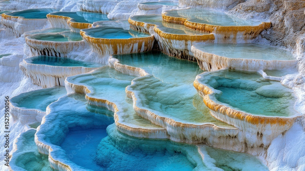 Layered pools of turquoise water, cascading over travertine terraces Layered pools of turquoise water, cascading over travertine terraces