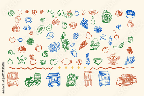 Hand-drawn ink illustrations of fruits, and food stalls. Perfect for culinary projects, educational materials, market concepts, and food art.
