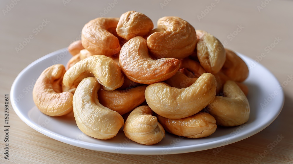 Heap of Roasted Cashews on a White Plate Heap of Roasted Cashews on a White Plate