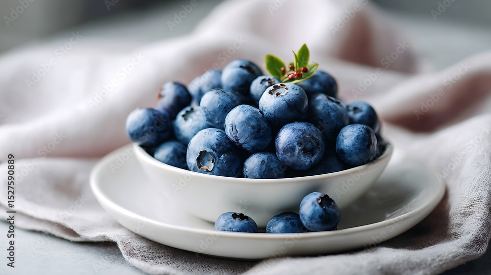 Fresh Blueberries in a White Bowl on a Cloth Napkin Fresh Blueberries in a White Bowl on a Cloth Napkin