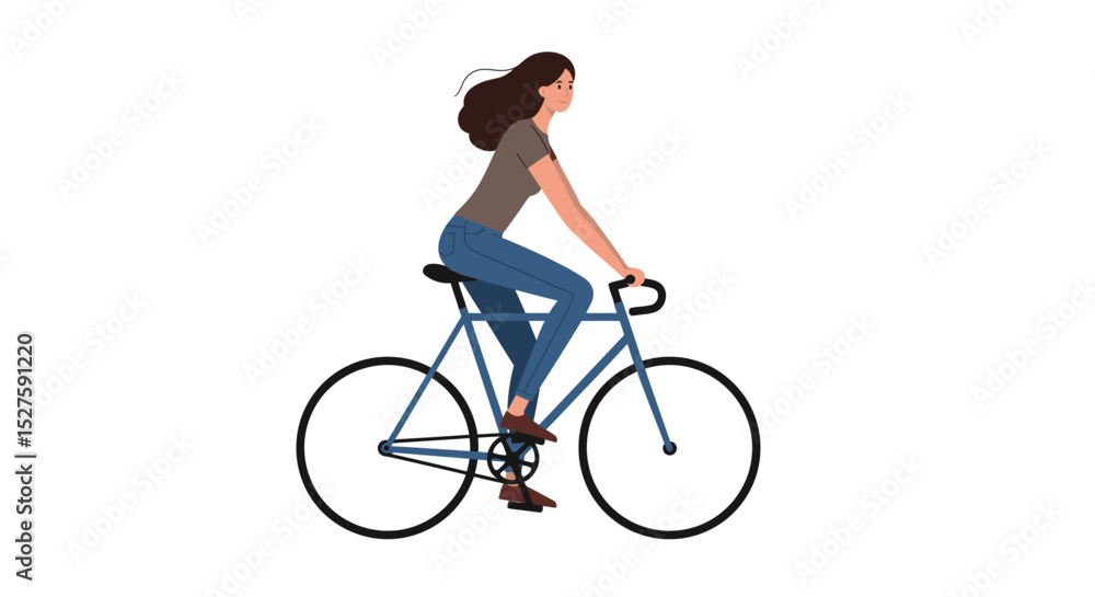 Obraz premium Minimalist flat design of a stylish woman cycling past tall buildings on a sunny day