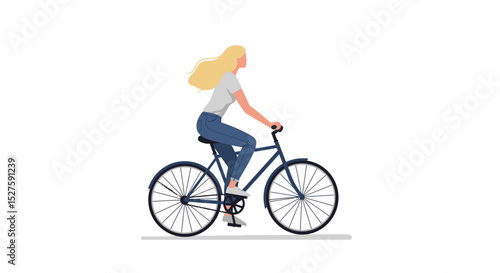 Simple illustration of a young woman biking , minimalist style and white background