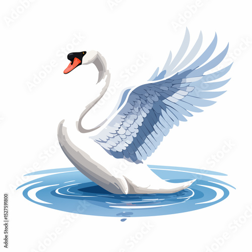 white swan on blue water, a swan flaps its wings on the water