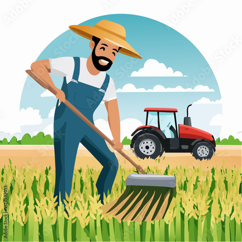 a farmer hoeing the rice field, in the middle of the rice field there is a farmer driving a tractor