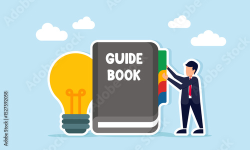 Businessman placing punctuation on guide book near light illustration of guidance in applying business ideas