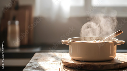 A steaming pot sits on a wooden surface, creating a cozy kitchen atmosphere filled with warmth and homeliness.
