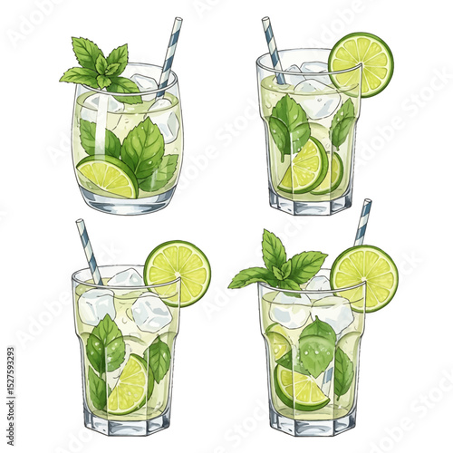 Four Detailed Illustrations of Refreshing Mojitos
