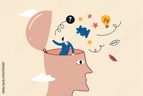 Declutter your mind, clear your brain to regain focus improve creative thinking ability, free up memory concept, ambitious businessman declutter, clean and clear all messy anxiety from his big head.