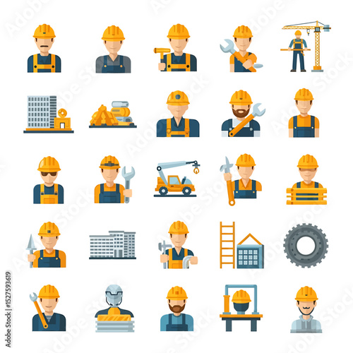 Diverse Construction Worker Icons: Flat Design Illustrations