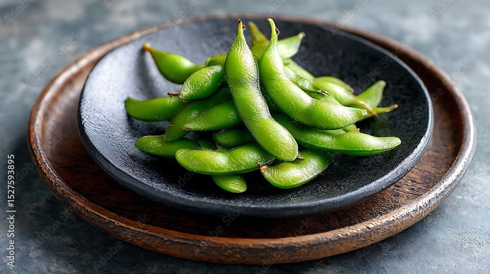 Fresh Edamame Pods Served on a Black Plate with Wooden Tray Fresh Edamame Pods Served on a Black Plate with Wooden Tray