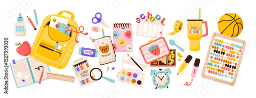 School supplies for kids. Backpack, stationery, and classroom items. Education, back to school, and learning themes. Modern flat vector illustration school accessory set.