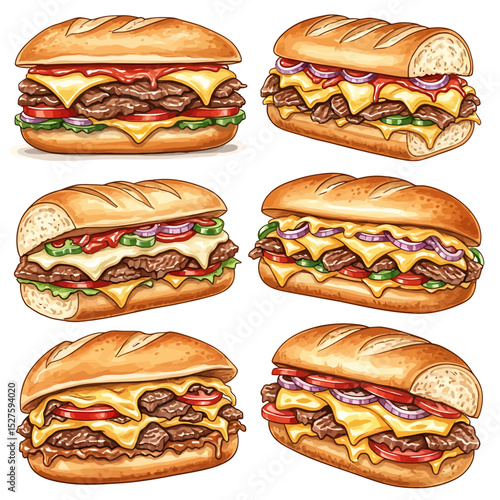 Six Gourmet Steak Subs with Melted Cheese and Toppings