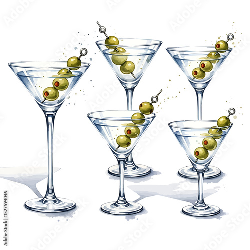 Five Martini Glasses with Olives Watercolor Illustration