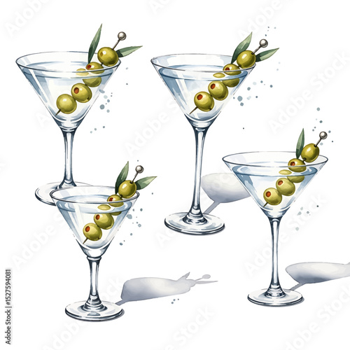 Watercolor Martini Glasses with Olive Skewers and Delicate Splatters