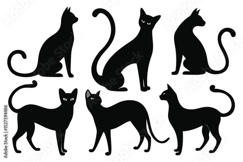 Six silhouettes of black cats in various poses