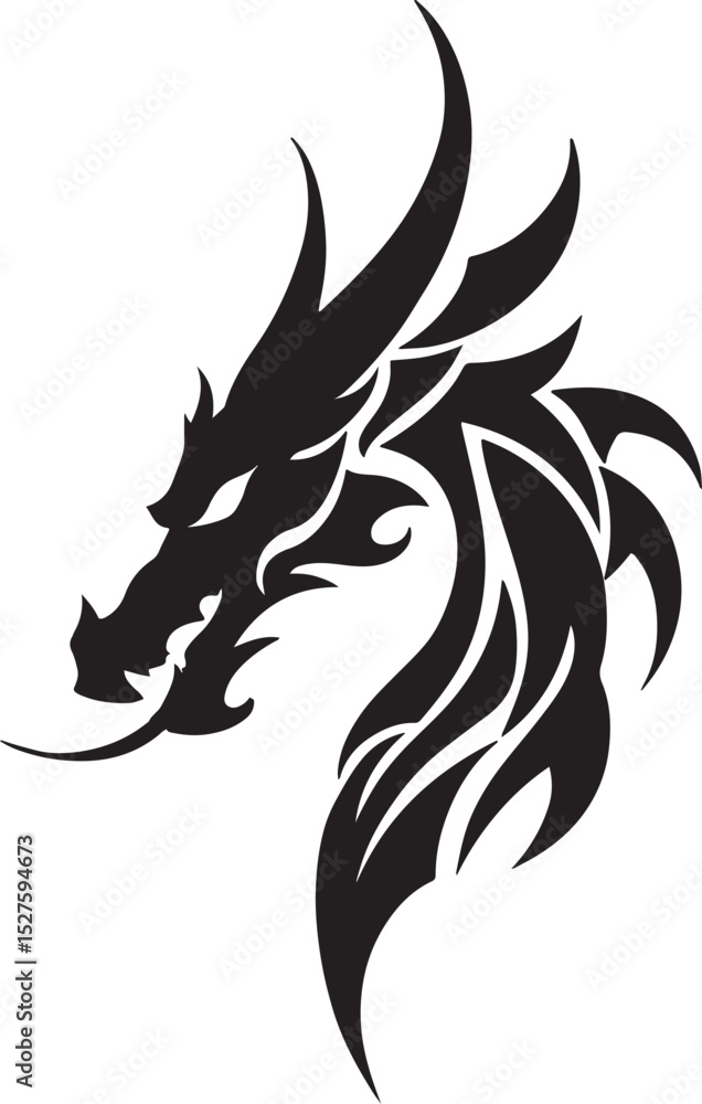Obraz premium Black dragon head tattoo style vector graphic illustration on a white background
