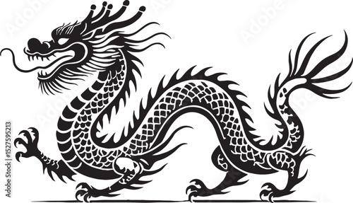 Wallpaper Mural Silhouette of a majestic chinese dragon with detailed scales and dynamic body position Torontodigital.ca