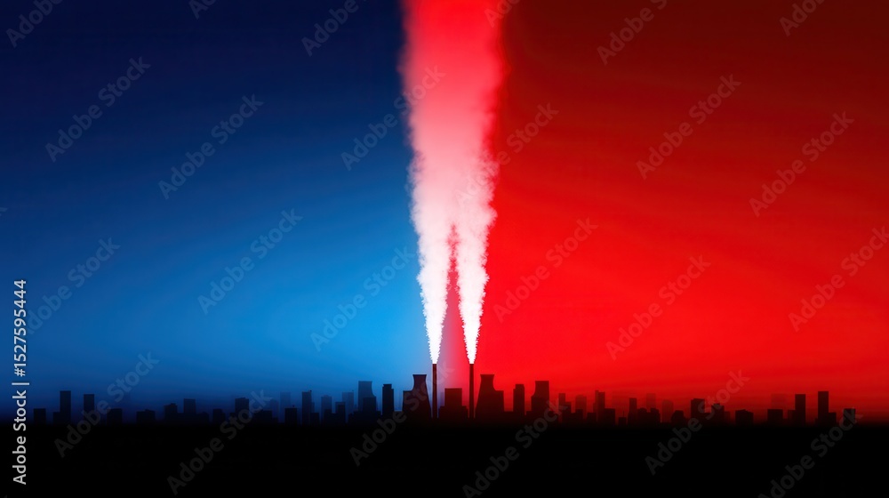 Obraz premium Minimalist factory skyline showcases vibrant colors at dusk with smoke trails rising from towers. Made In The USA Day