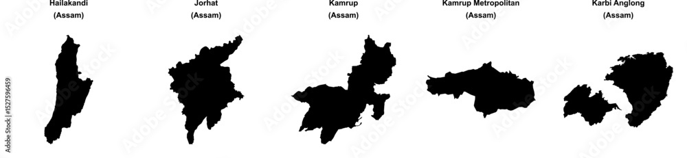 Obraz premium Hailakandi, Jorhat, Kamrup, Kamrup Metropolitan, Karbi Anglong outline maps
