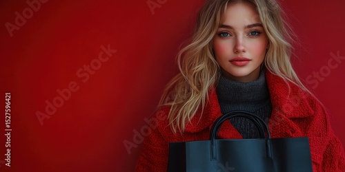 Wallpaper Mural Stylish woman poses in warm sweater and red coat with shopping bag against vibrant red backdrop during winter afternoon Torontodigital.ca
