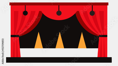 Classic Broadway Stage Setup with Deep Red Curtains and Bright Footlights Vector Clip Art Illustration