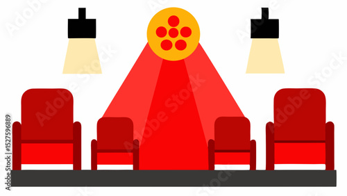 Classic Old-School Film Premiere Scene with Red Theater Seats Vector Clip Art Illustration