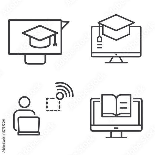 E-learning education icon set for online course platforms, educational technology websites and digital classroom applications