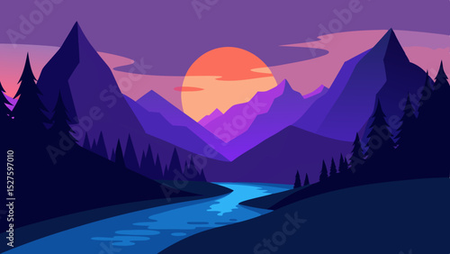 Ethereal Twilight Mountain Landscape with Forest Shadows and a Soft Glow Vector Clip Art Illustration