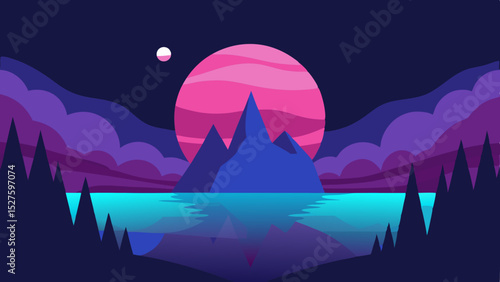 Peaceful Mystical Nighttime Wilderness with Still Water and Distant Mountains Vector Clip Art Illustration