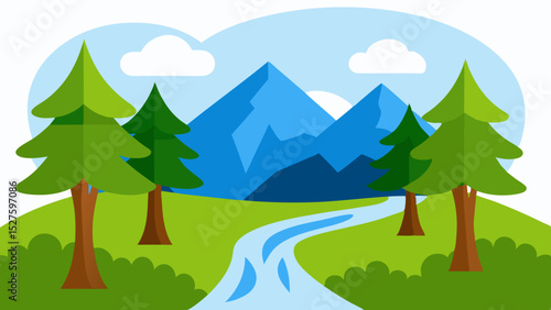 Enchanting Cartoon Forest Landscape with Twin Trees Framing a Scenic View Vector Clip Art Illustration
