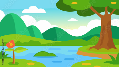 Whimsical Playful Jungle Scene with Giant Tree Trunks and Colorful Lily Pads Vector Illustration Background