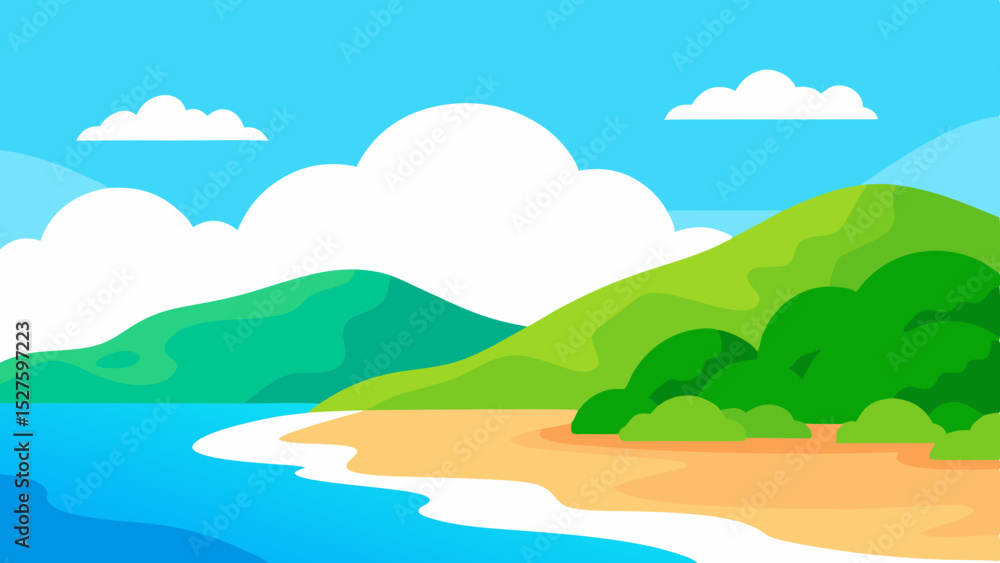 Fototapeta premium Stunning Colorful Tropical Beach with Crystal Clear Water and Lush Green Hills Vector Illustration Background