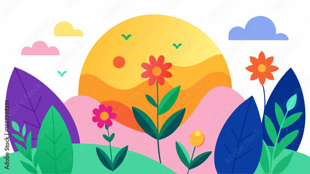 Colorful Vibrant Spring Scene with Abstract Foliage and a Glowing Sunset Vector Illustration Background Colorful Vibrant Spring Scene with Abstract Foliage and a Glowing Sunset Vector Illustration Background