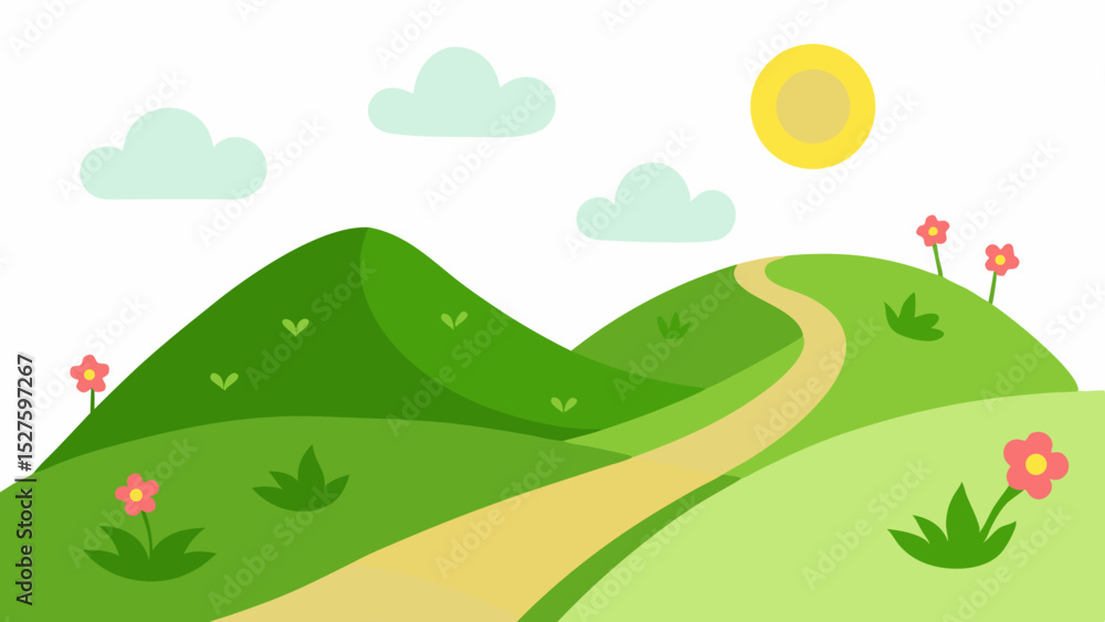 Obraz premium Peaceful Lush Countryside Path Winding Through Verdant Green Hills Vector Illustration Background