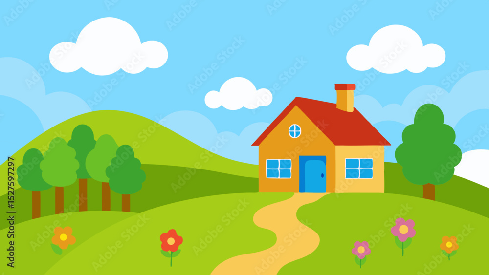 Naklejka premium Charming Cottage in a Cartoon Countryside with Flowering Hills Vector Illustration Background