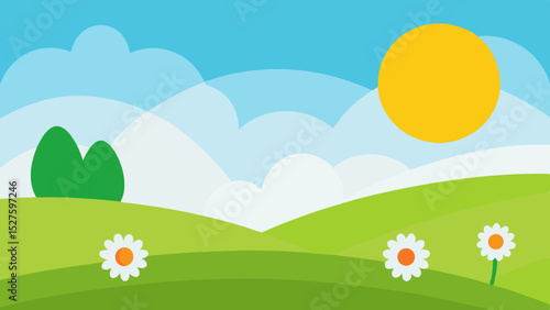Charming Cartoon Meadow Landscape with White Daisies and Gentle Rolling Hills Vector Illustration Background