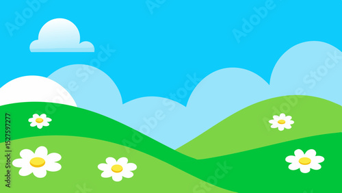 Simple Minimalist Cartoon Landscape with Rolling Green Hills and Blue Sky Vector Illustration Background