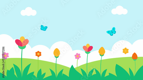Lush Bright Wildflower Field with Fluttering Butterflies Under a Clear Blue Sky Vector Illustration Background